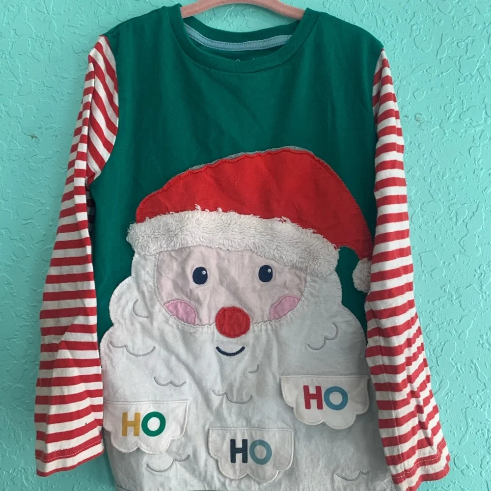 Mini Boden Santa Long Sleeve Shirt - Green Red, White flap holiday Christmas 6 7